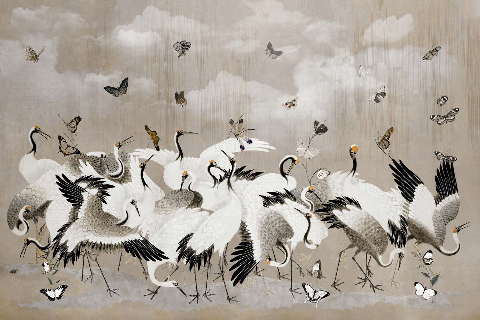 Elegante kraanvogels met vlinders