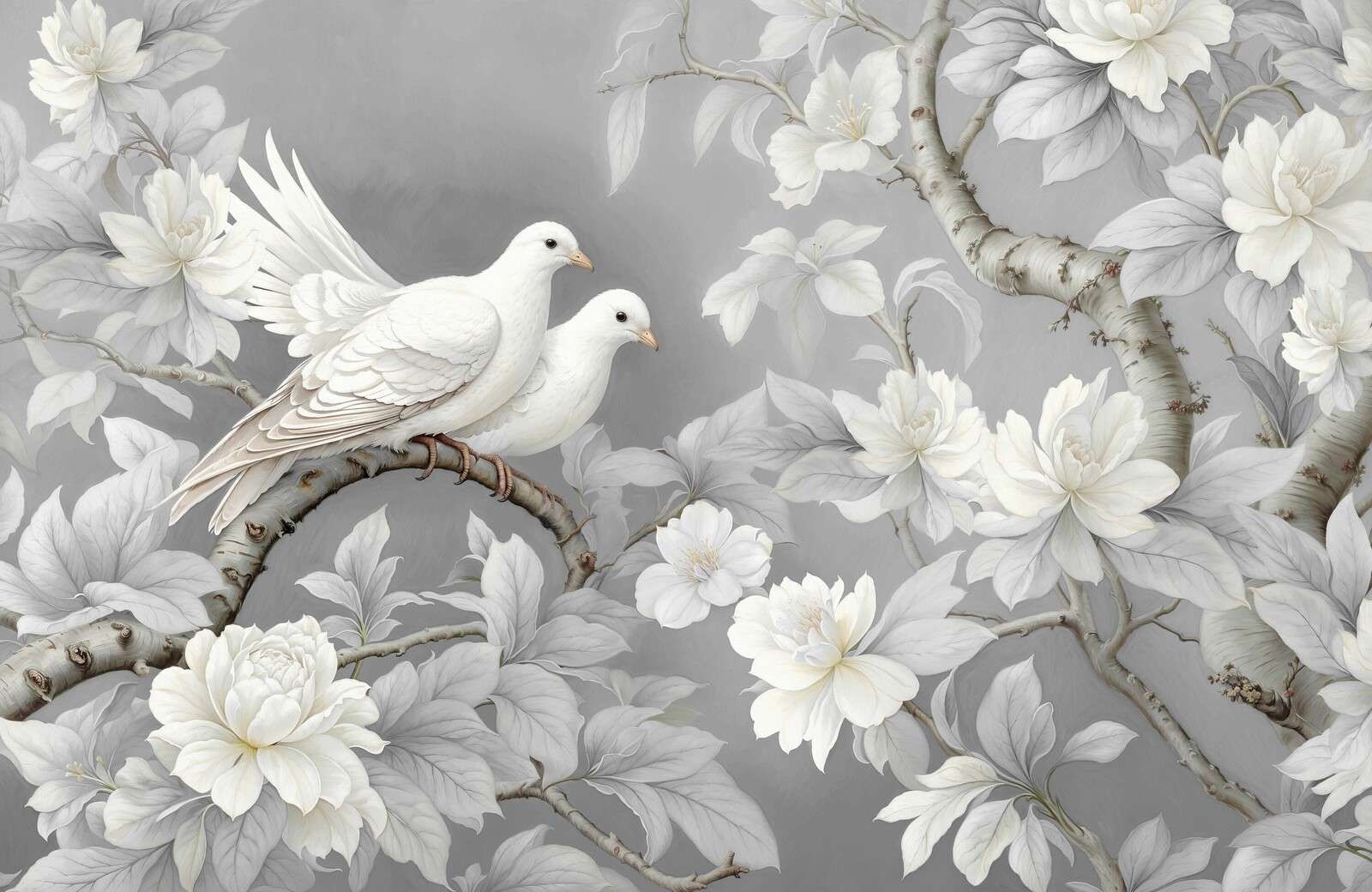 Witte duiven met magnoliabloesem