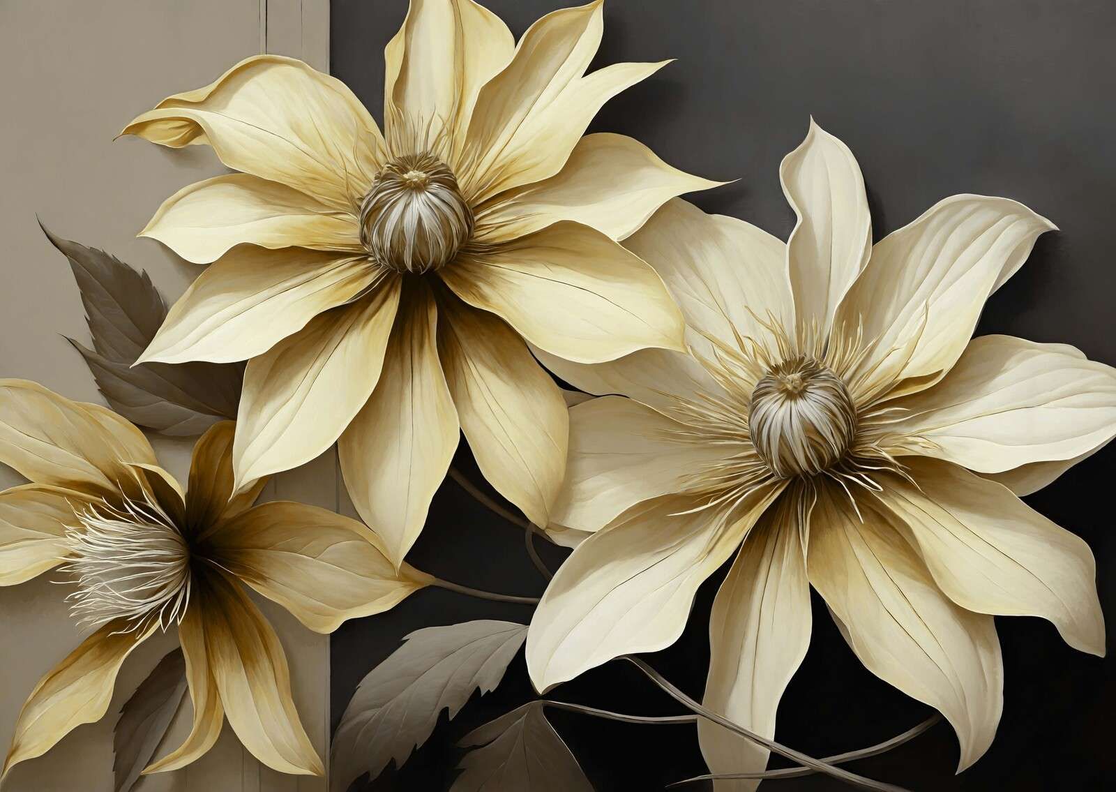 Gouden clematis bloemen op donker