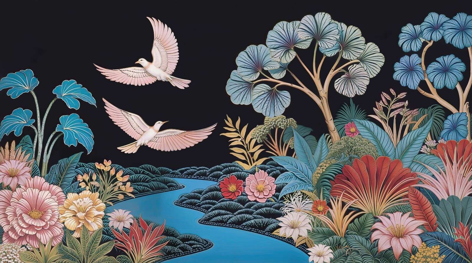 Tropisch landschap met witte vogels