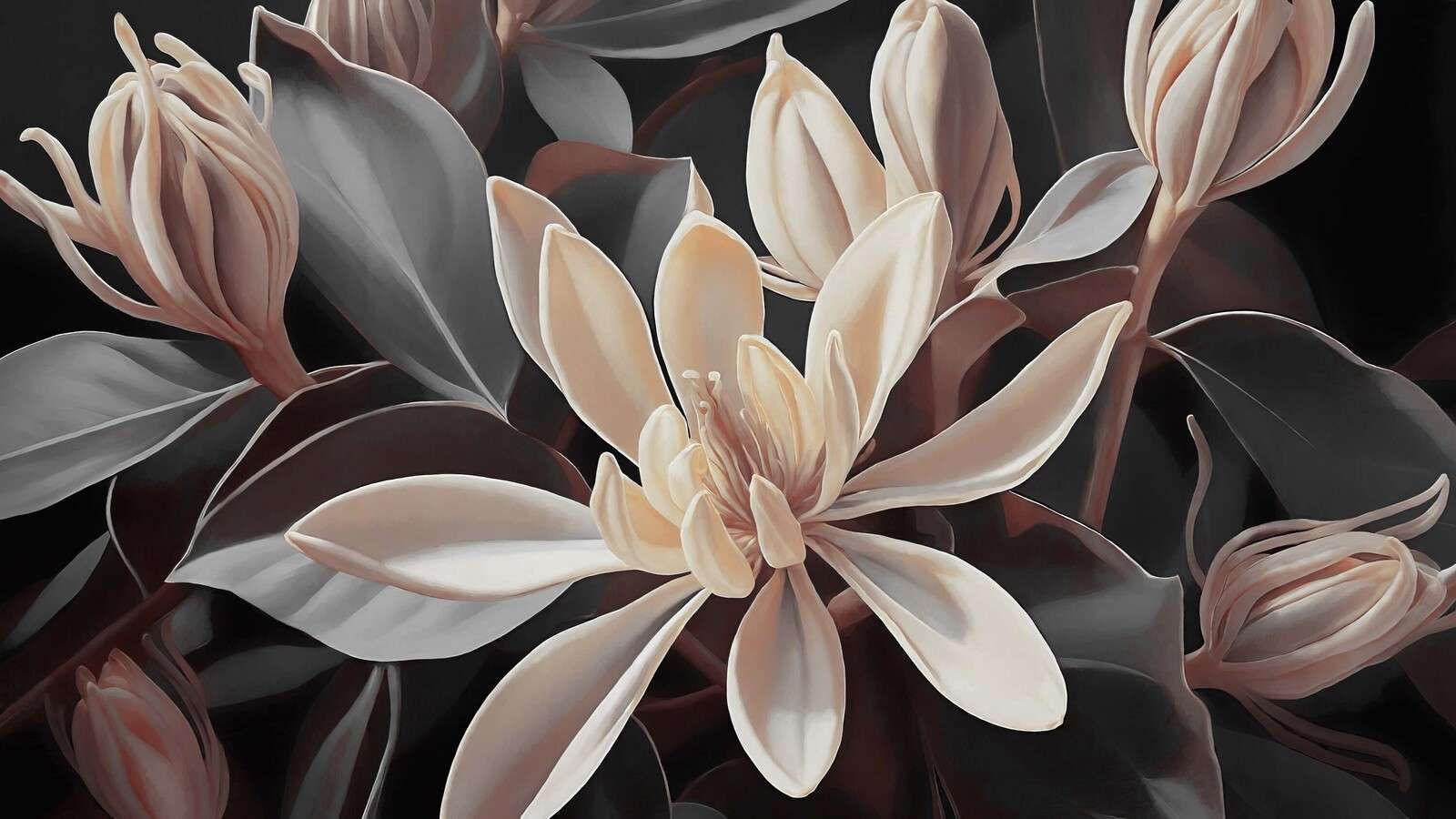Crèmekleurige magnoliabloemen op donker