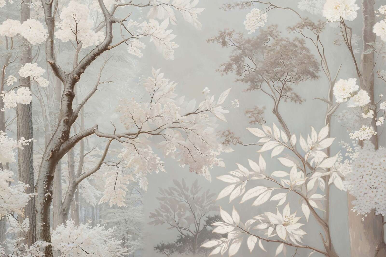 Mistig boslandschap met witte bloesem