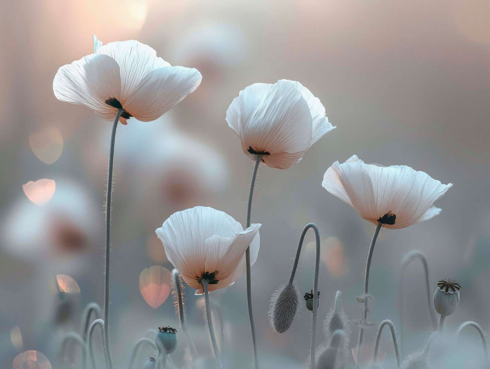 Witte klaprozen in ochtendlicht