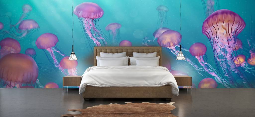Zeedieren - Roze kwallen in blauwe zee - Slaapkamer 2