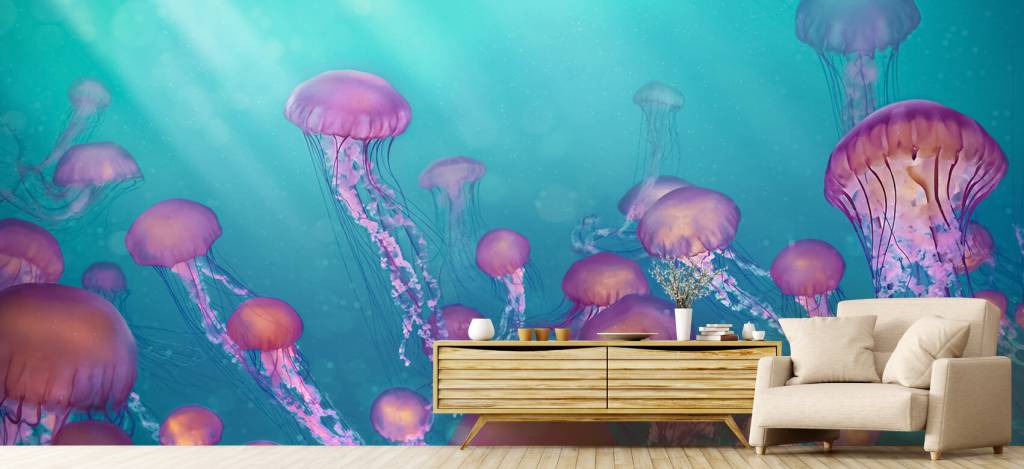 Zeedieren - Roze kwallen in blauwe zee - Slaapkamer 6