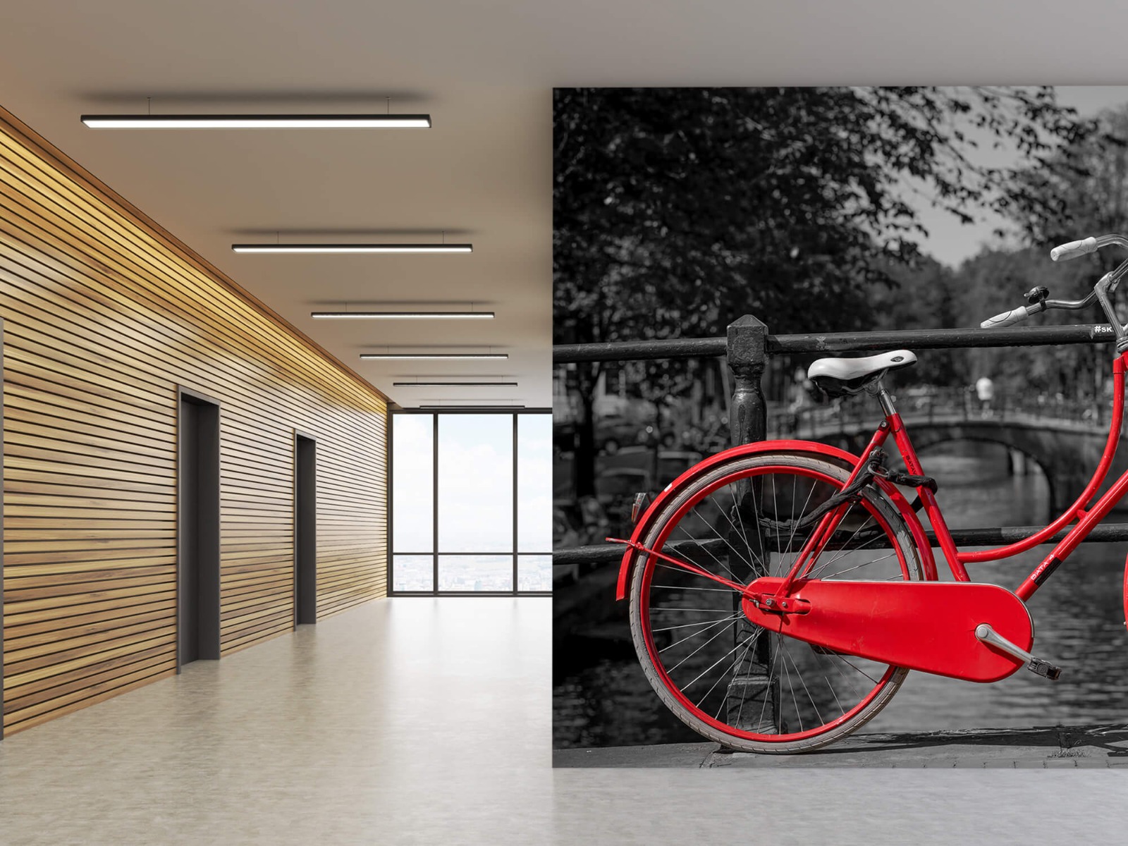 Steden behang - Rode fiets op brug - Slaapkamer 5