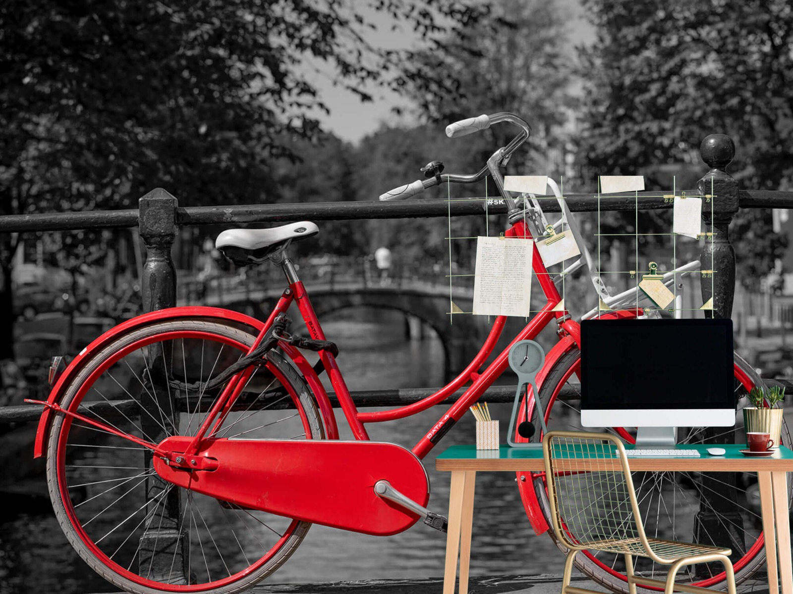 Steden behang - Rode fiets op brug - Slaapkamer 10