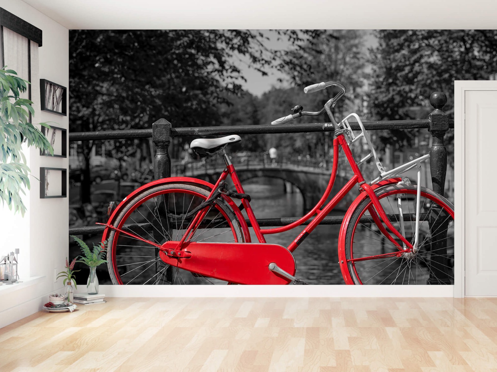Steden behang - Rode fiets op brug - Slaapkamer 13