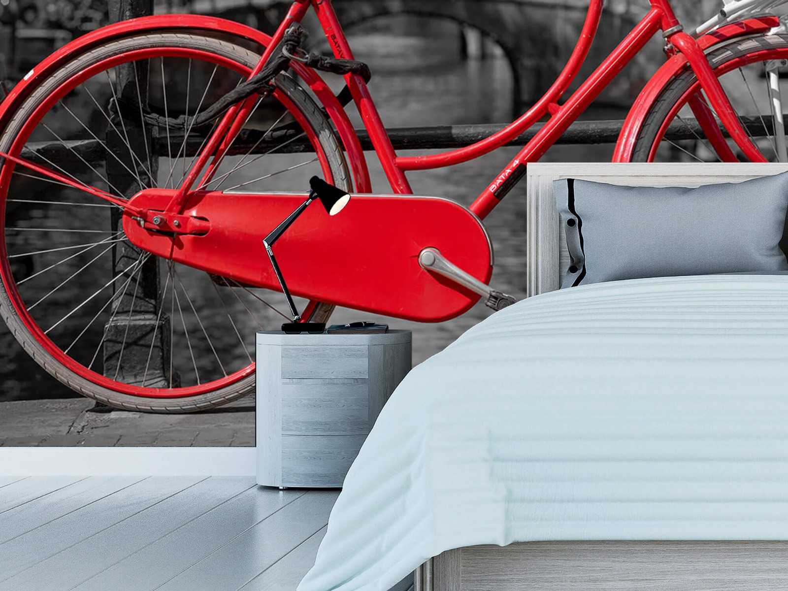 Steden behang - Rode fiets op brug - Slaapkamer 14