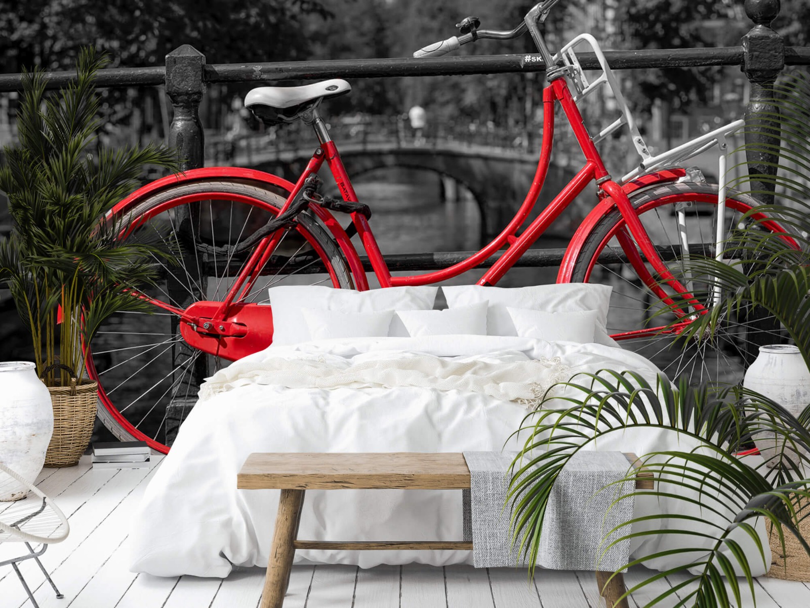 Steden behang - Rode fiets op brug - Slaapkamer 15