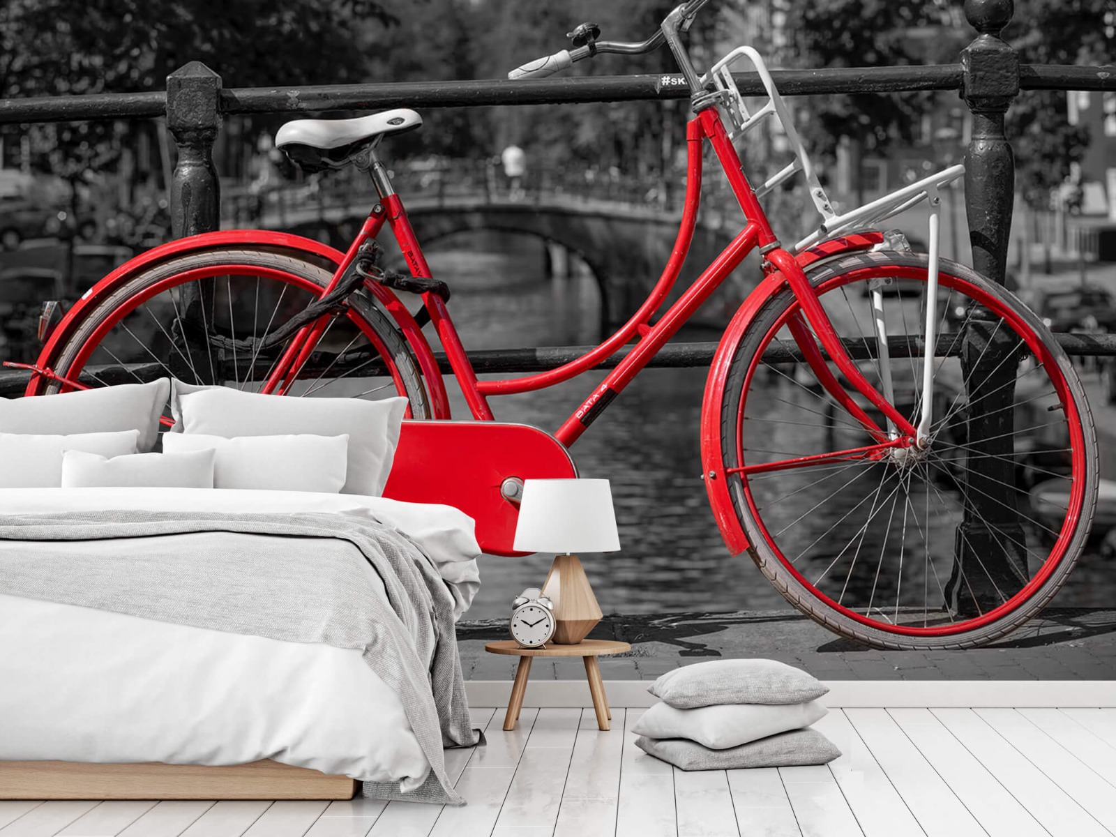 Steden behang - Rode fiets op brug - Slaapkamer 16