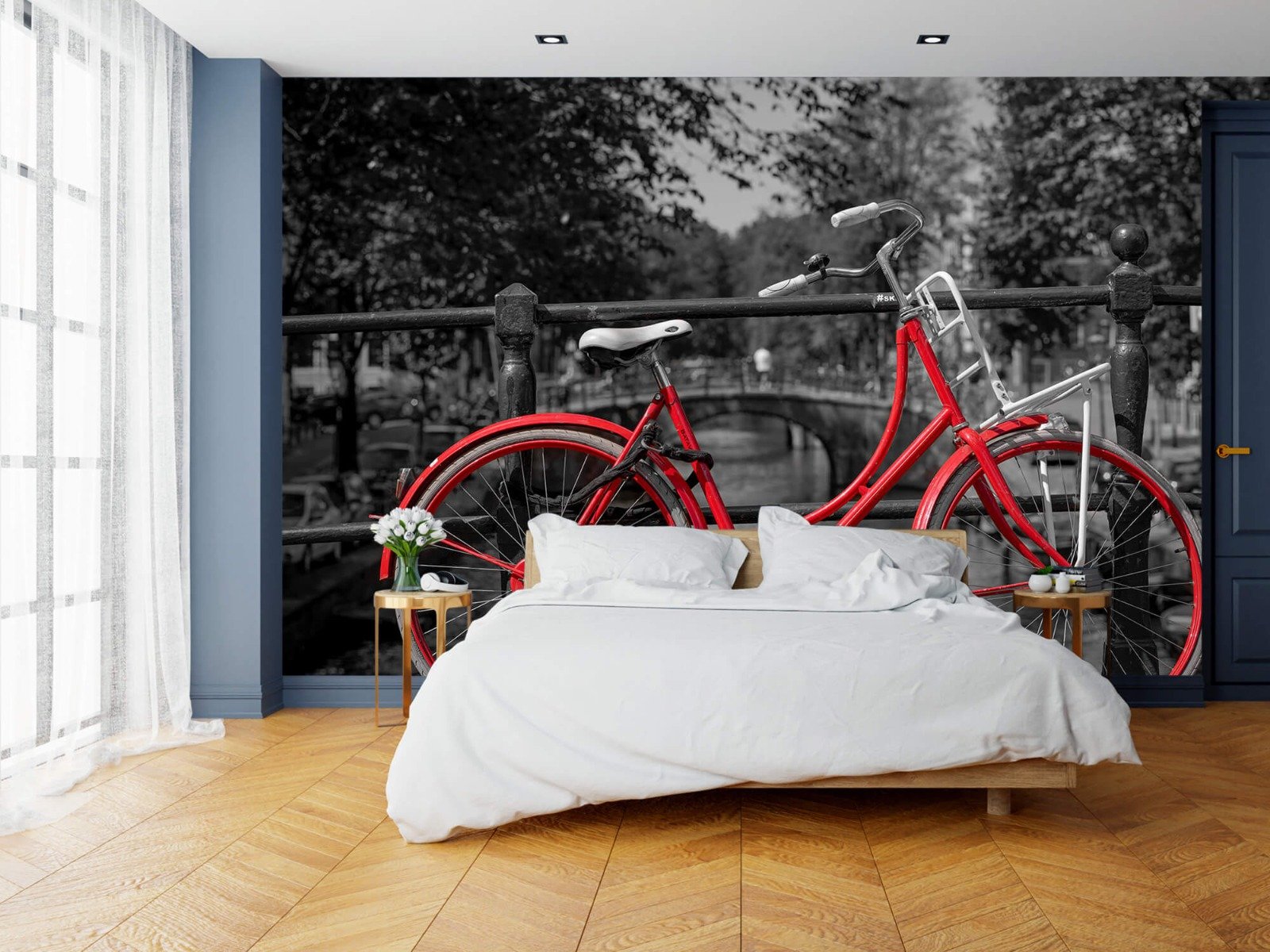 Steden behang - Rode fiets op brug - Slaapkamer 17