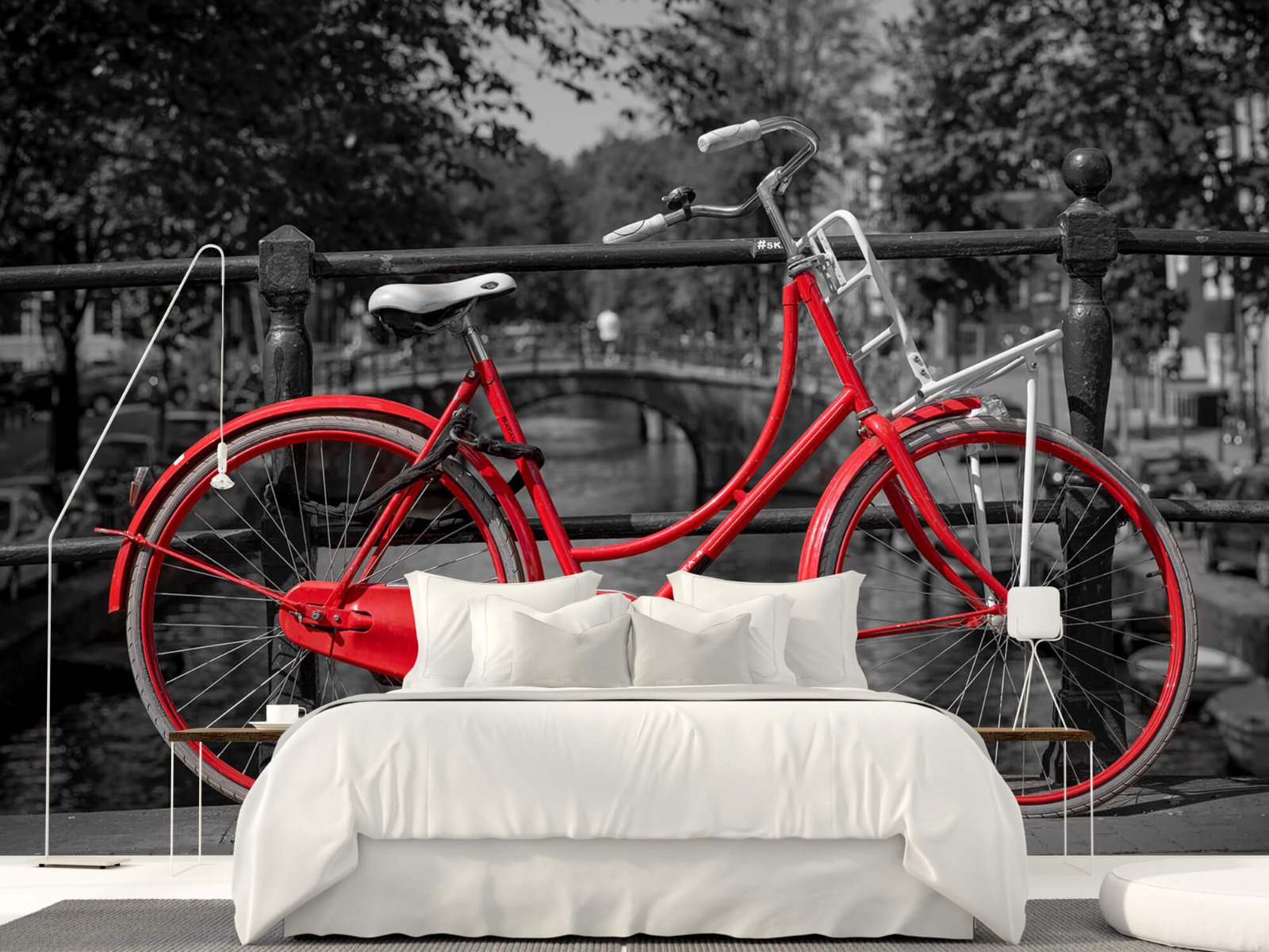 Steden behang - Rode fiets op brug - Slaapkamer 3