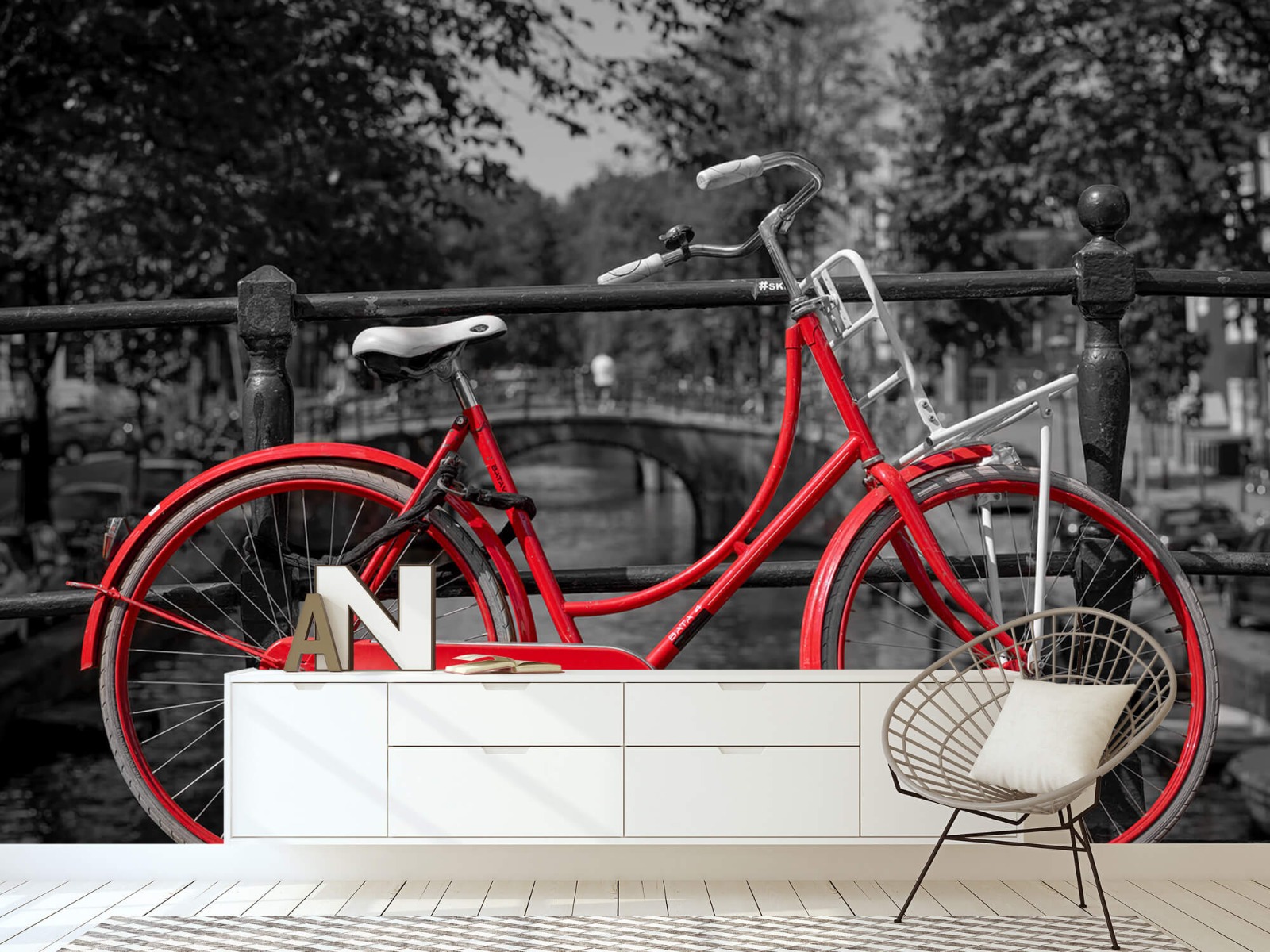 Steden behang - Rode fiets op brug - Slaapkamer 23
