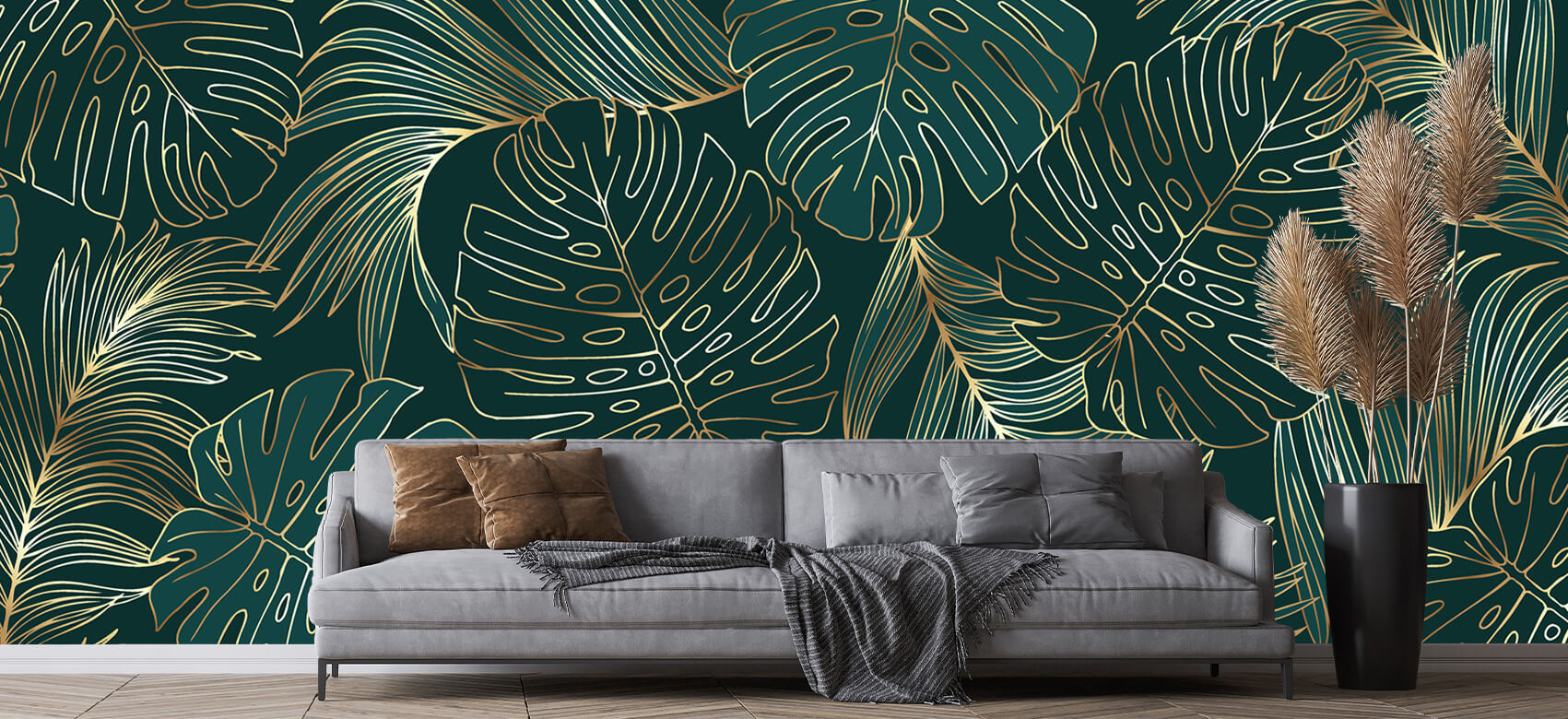 Groene bladeren met goud - Fotobehang