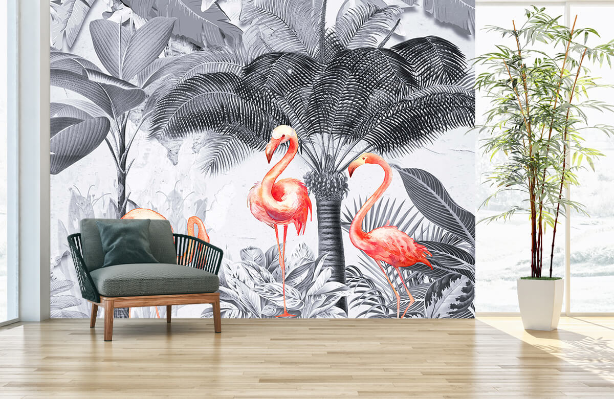 wallpaper Jungle met flamingo's 3