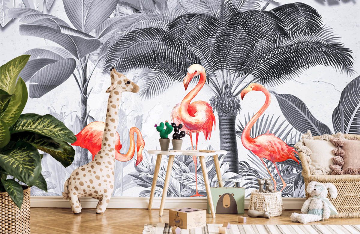 wallpaper Jungle met flamingo's 10