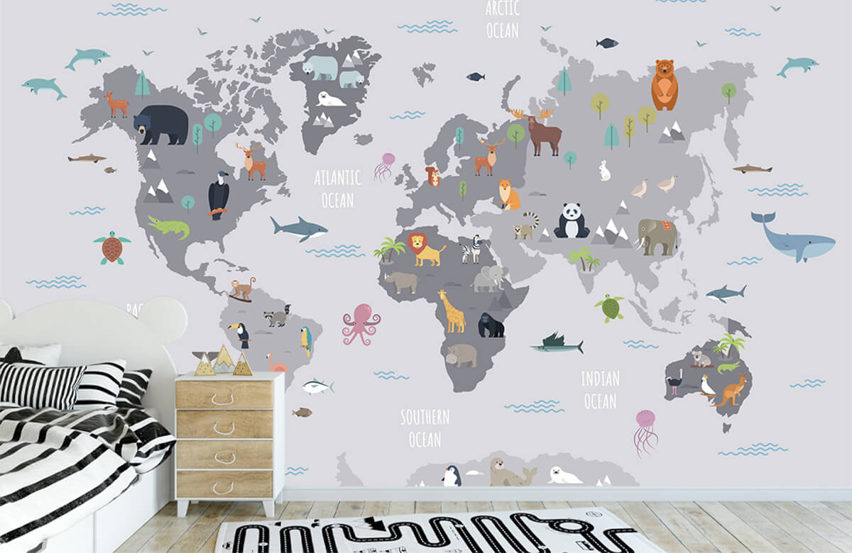 Wallpaper Wereldkaart met wilde dieren 7