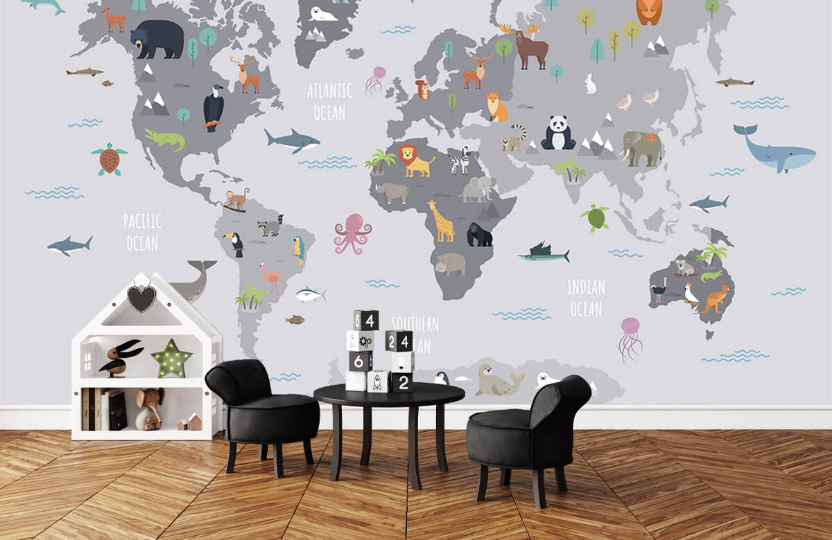 Wallpaper Wereldkaart met wilde dieren 2
