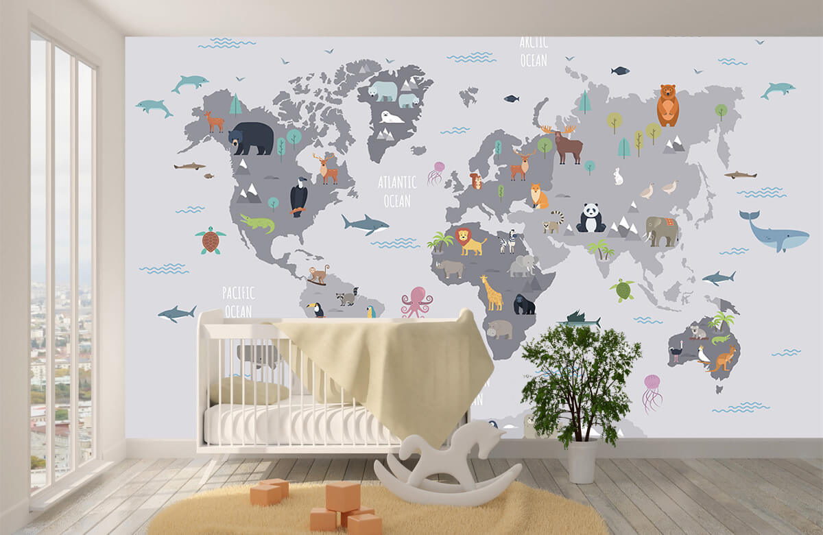 Wallpaper Wereldkaart met wilde dieren 3