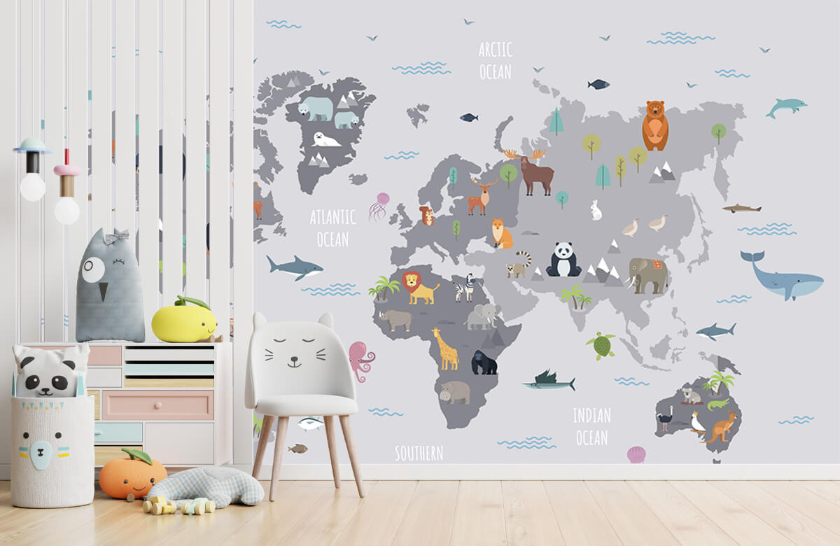Wallpaper Wereldkaart met wilde dieren 4