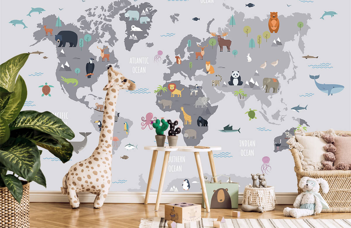 Wallpaper Wereldkaart met wilde dieren 10