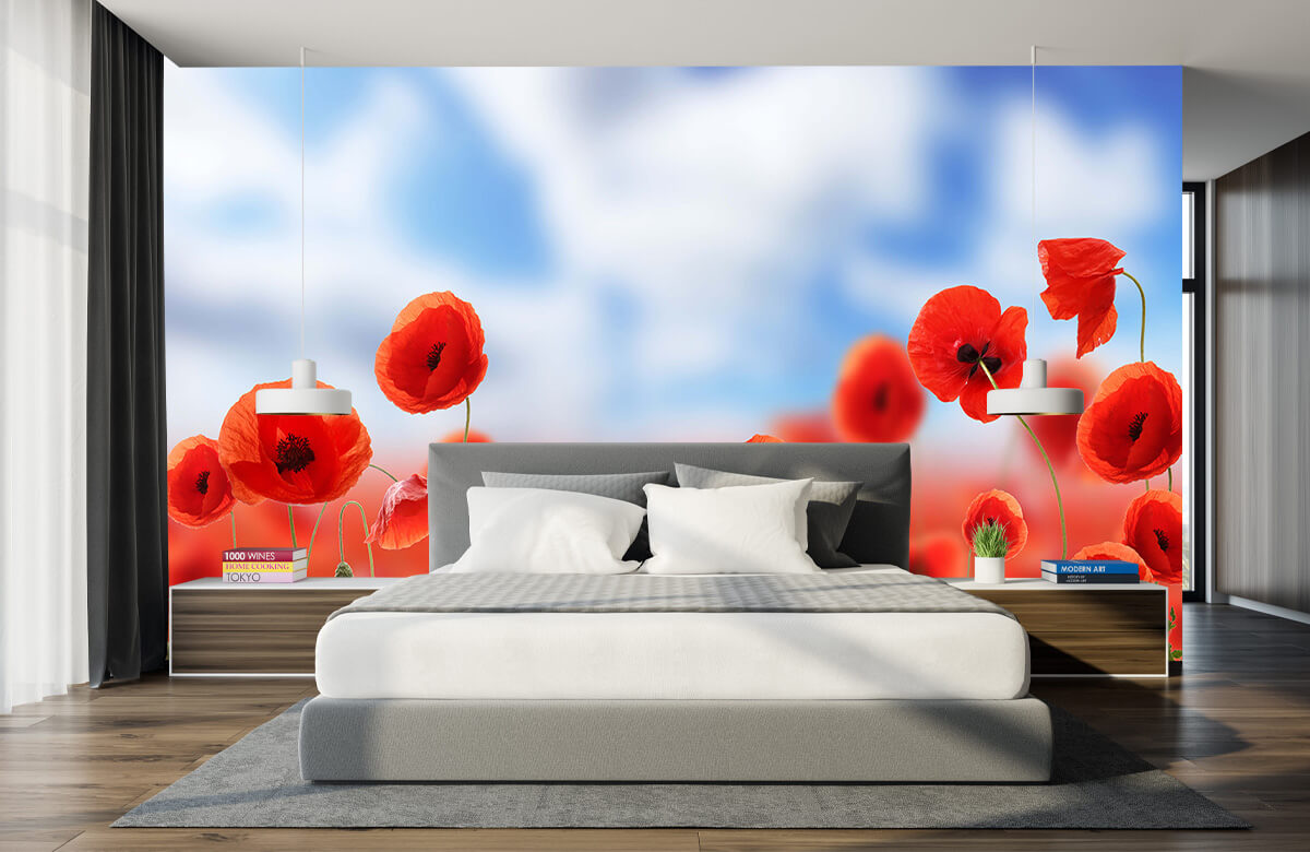 wallpaper Blauwe lucht en rode Klaprozen 6