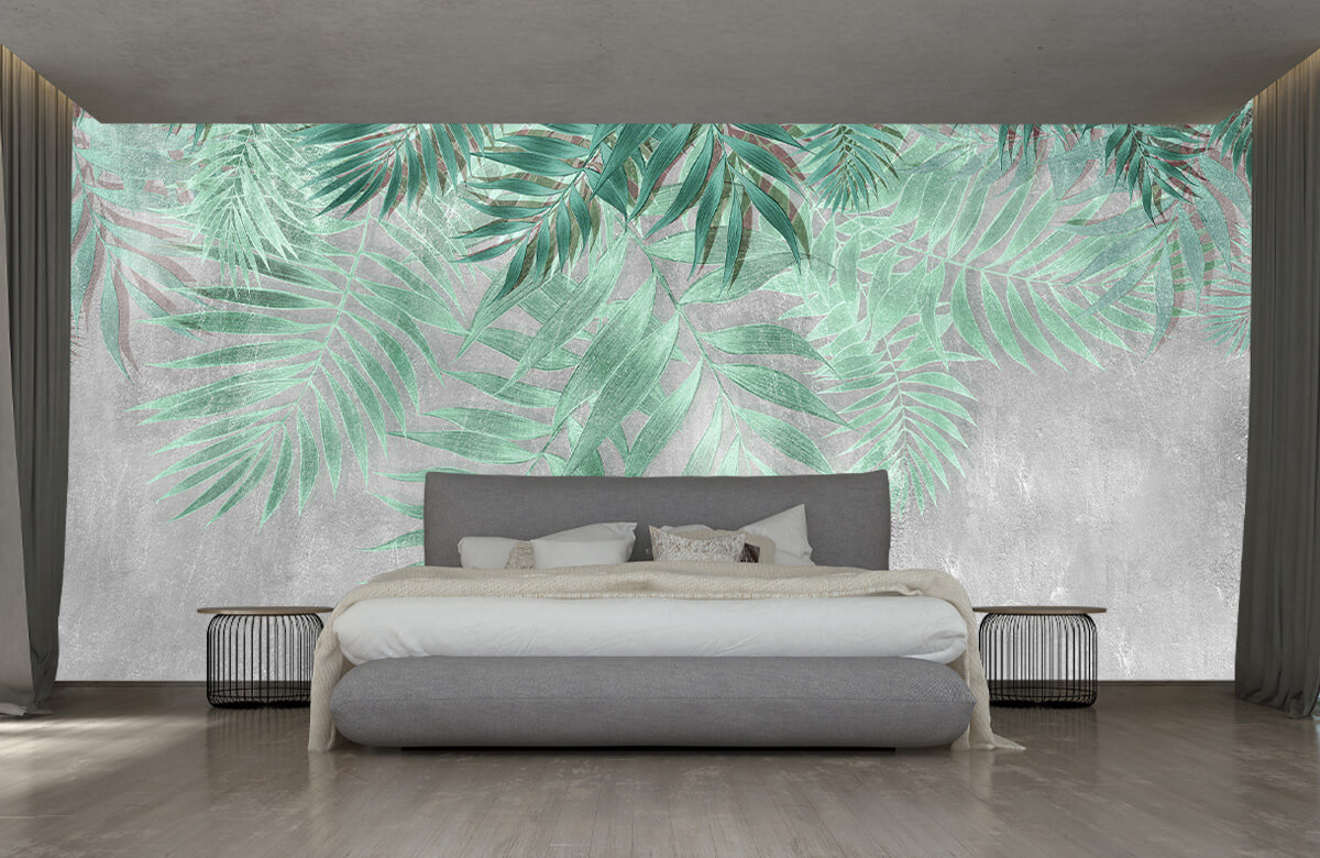 Wallpaper Groene palmbladeren met grijze betonwand 3