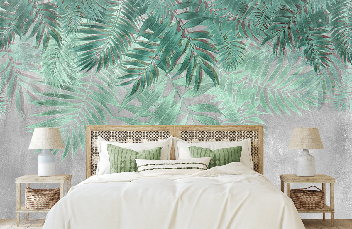Wallpaper Groene palmbladeren met grijze betonwand 4