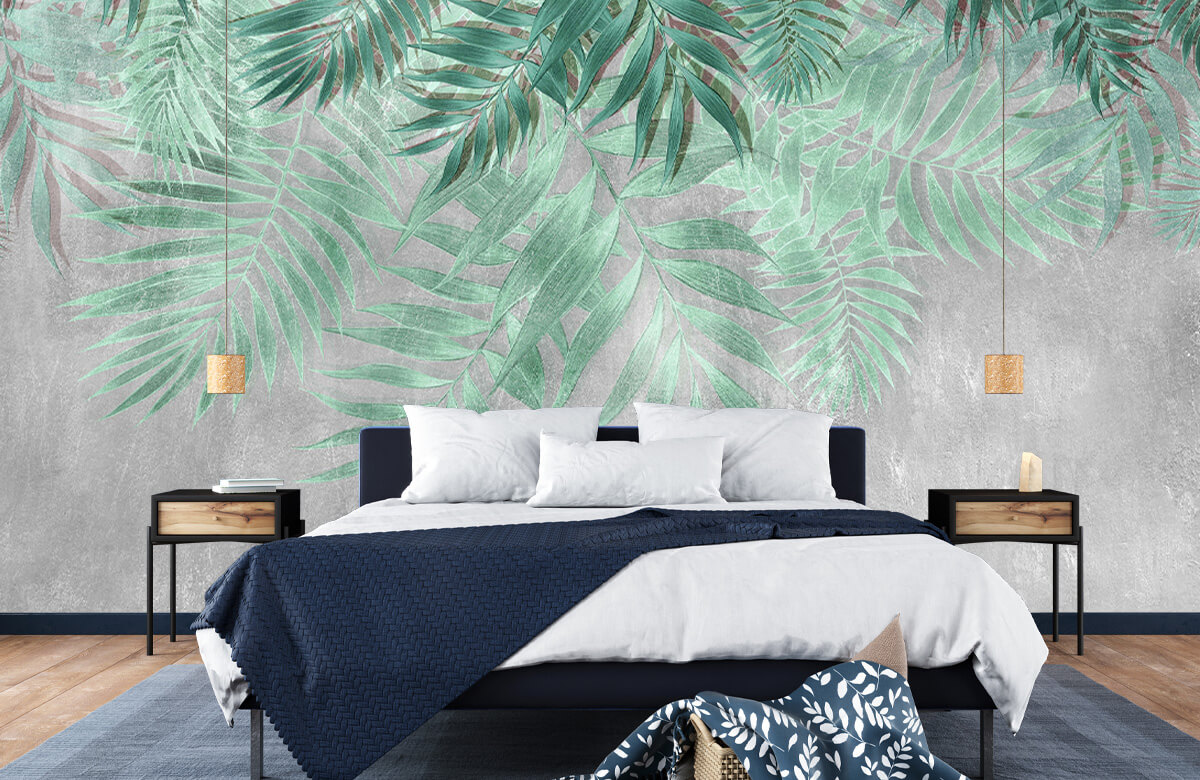Wallpaper Groene palmbladeren met grijze betonwand 5