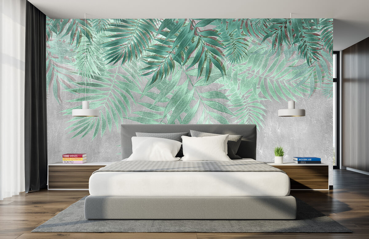 Wallpaper Groene palmbladeren met grijze betonwand 6