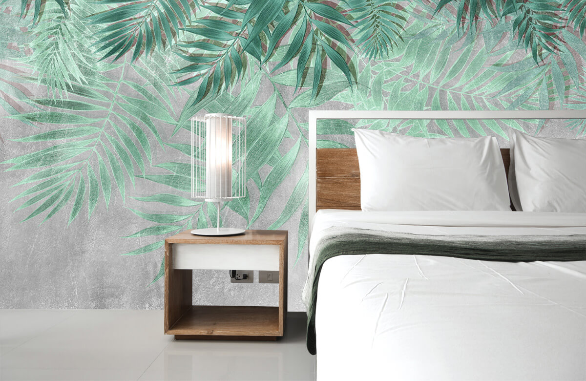 Wallpaper Groene palmbladeren met grijze betonwand 7