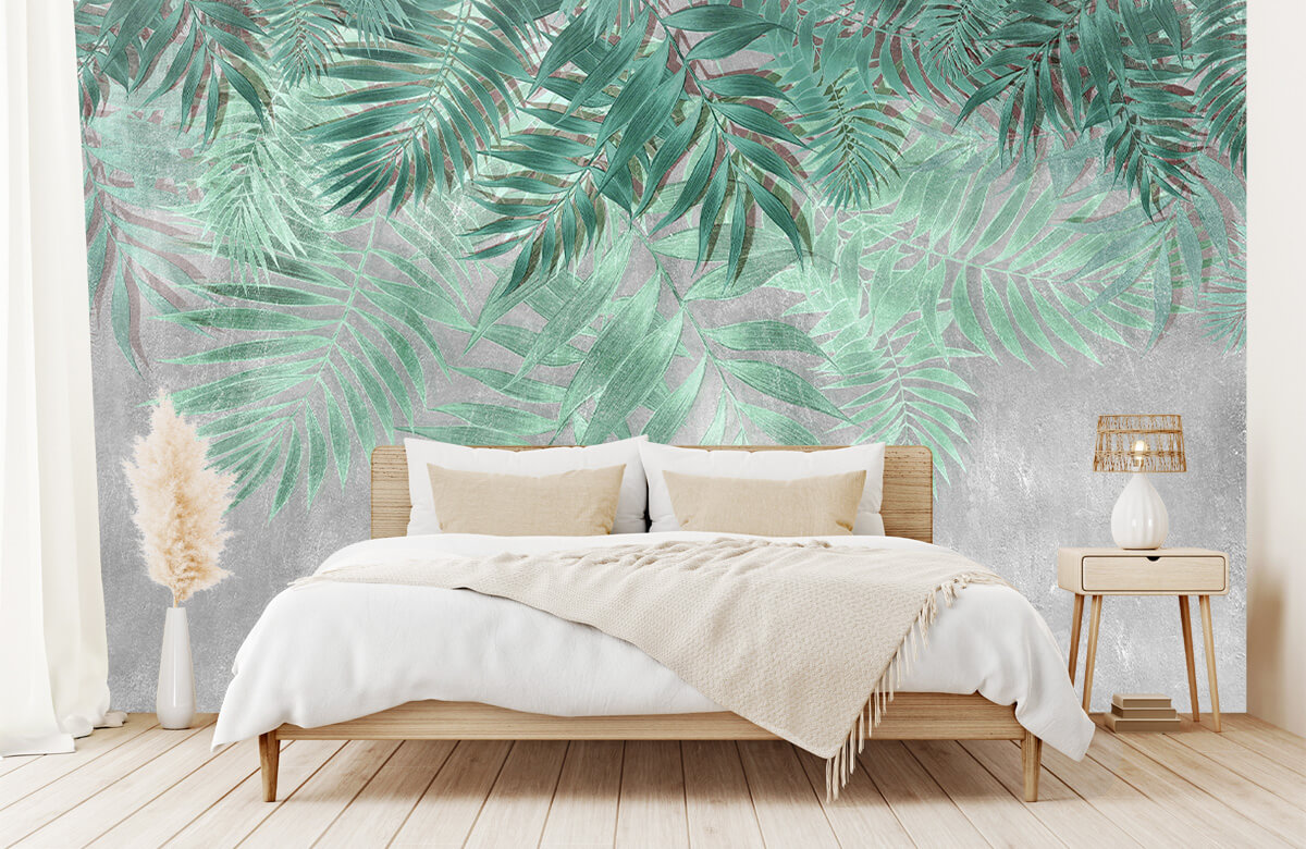 Wallpaper Groene palmbladeren met grijze betonwand 10
